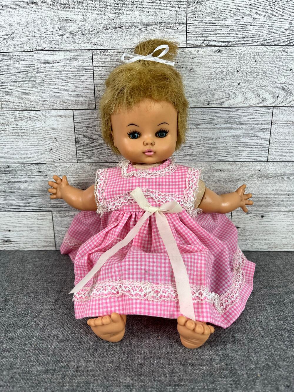 HORSMAN 1968 Vintage Baby DOLL Blonde Blue Eyes PINK Gingham Dress 10.5 Inch